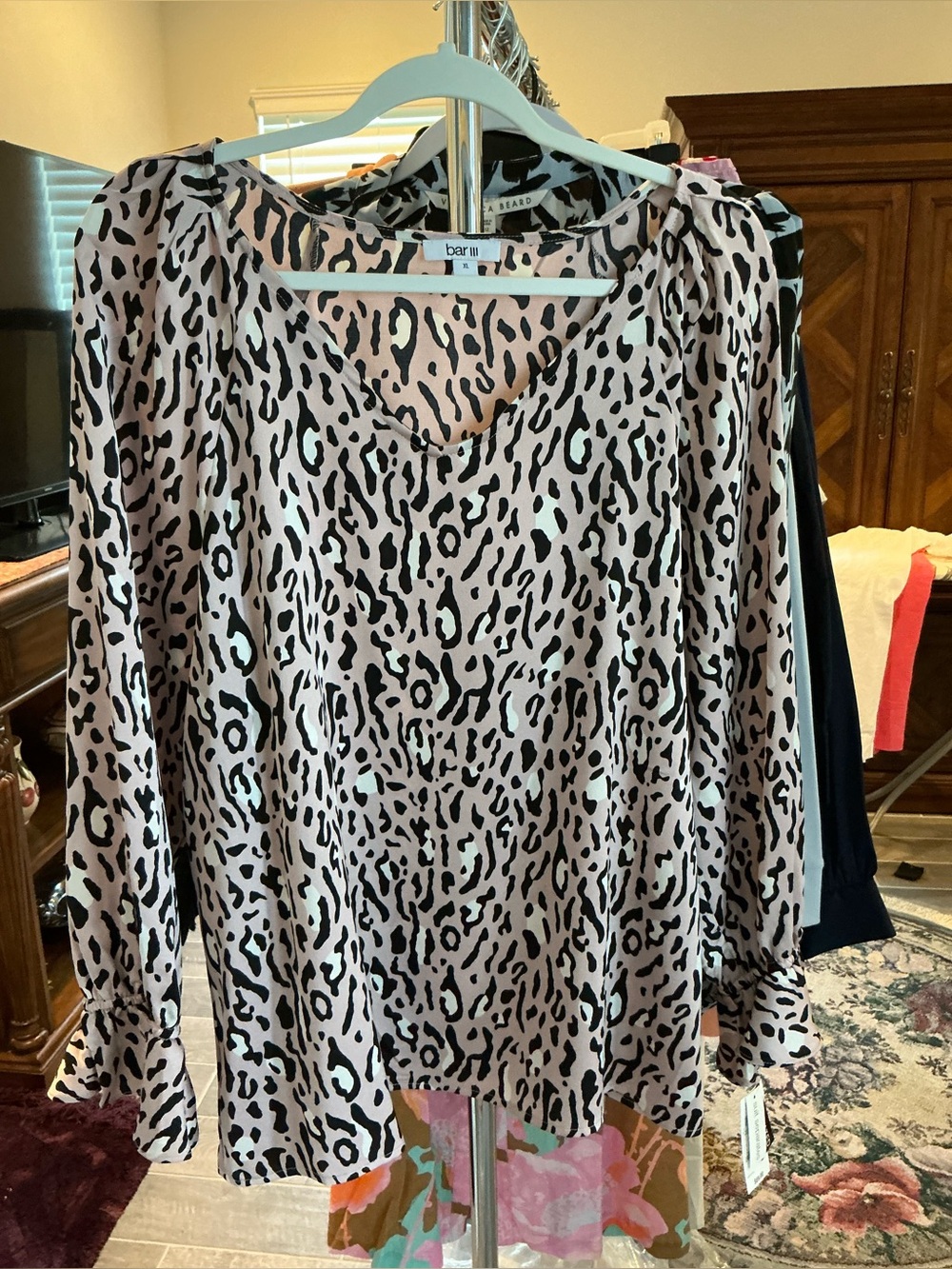 Bar III Pink and Black Leopard-Print V-Neck Long-Sleeve Blouse
